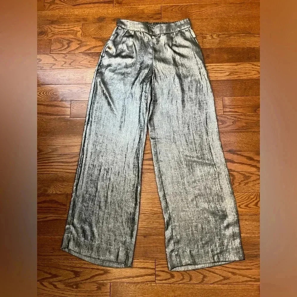 a new day Women’s Silver Foil Metallic Wide Leg Elastic Waist Sz S